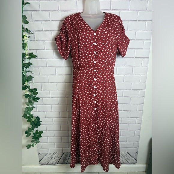SHEIN Casual Red Puff Sleeve V-Neck Midi Sundress/size L - Picture 5 of 11